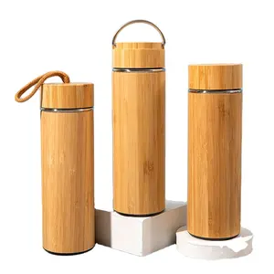 Mikenda Wholesale Bamboo Water Bottle Natural Bamboo 500ML/17OZ Stainless Steel Vacuum Insulated Infuser Bamboo Thermos Flask