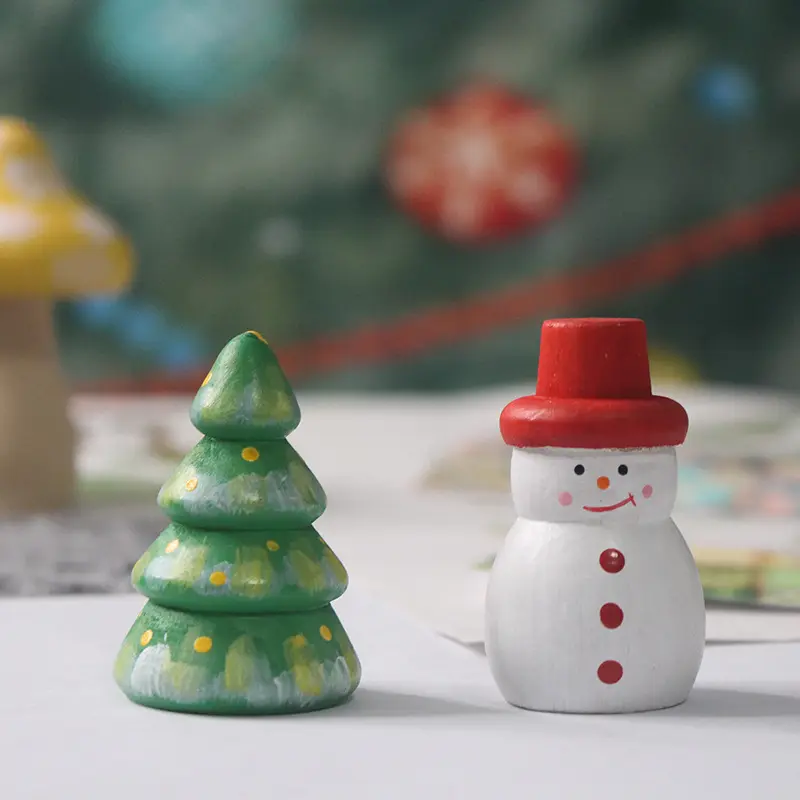 Mini árbol de Navidad de madera, muñeco de nieve tallado a mano y pintado, decoración de Navidad