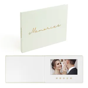 7 polegadas IPS tela cartão Digital memórias linho capa dura casamento folheto vídeo com folha de ouro vídeo convite memória livro
