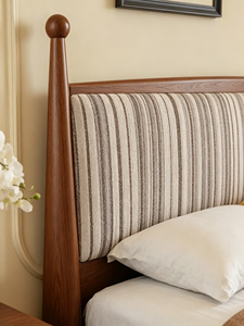 Midcentury Modern Upholstered Wooden <b>Bed</b> <b>Frame</b> <b>Queen</b> <b>Size</b> Fabric Headboard Soft <b>Bed</b> with Striped Design - Product Image 4