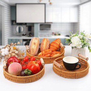 Natural Hand Rattan Serving Tray Round Woven Serving <b>Basket</b> with Handles for Coffee <b>Table</b> Decor, Bread - Product Image 2