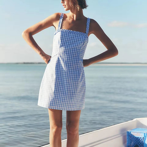 Robe mini en coton à carreaux pour femmes, robe sans manches à volants, robe décontractée pour l'été, style preppy, robe en coton à carreaux bleus - Product Image 1