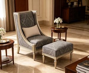 Sillón y Otomana de Lujo en Gris Paisley Francés, Sillón Tapizado para Sala de Estar con Estructura Dorada Champán - Product Image 6