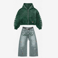 Ensemble streetwear deux pièces pour homme : sweat à capuche zippé et pantalon en jean large déchiré, 100% coton respirant, fabrication sur mesure OEM ODM
