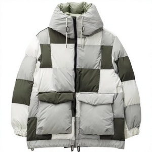 Veste matelassée à capuche pour homme, coupe-vent, épaisse, en polyester, avec blocs de couleur, manteau d'hiver décontracté, coupe ample avec fermeture éclair et poches - Product Image 1