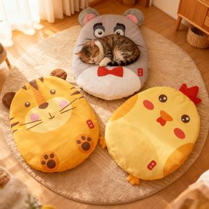 Tapis rond pour animaux de compagnie du zodiaque chinois, lit doux pour chat, tapis de sol pour chats, rembourrage en fibre de polyester, coussin de siège lavable à la main - Product Image 1
