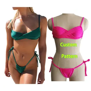 Bikini Push-Up Sexy pour femme, couleur unie, culotte tanga, ensemble de deux pièces, vêtements de plage, grande taille, en stock, pour l'été