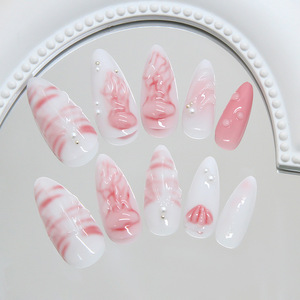 Lot de 24 <span class=keywords><strong>faux</strong></span> <span class=keywords><strong>ongles</strong></span> faits main, motif fleur rose coquillage, taille press-on, en <span class=keywords><strong>gel</strong></span>, forme amande et stiletto pour doigts - Product Image 2