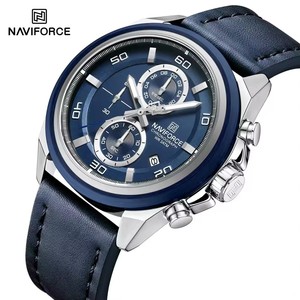 NAVIFORCE 8073 Orologio da Polso Maschile di Lusso Creativo con Display Automatico del Calendario, Cronografo in Pelle, Argento e Blu - Product Image 1