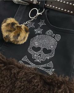 Women Black Denim Mini <strong>Skirt</strong> Rhinestone Skull Pattern Fuzzy <strong>Fur</strong> Hem Low Waist Y2K Grunge Jean Micro <strong>Skirt</strong> - Product Image 6