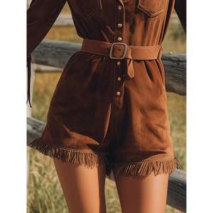 จั๊มสูทลำลองสไตล์โบฮีเมียนตะวันตกสำหรับผู้หญิง รุ่นคัสตอม 2026 สีน้ำตาลหนังกลับ แขนยาว คอวี แต่งพู่ เอวยางยืด ทรงหลวม - Product Image 4