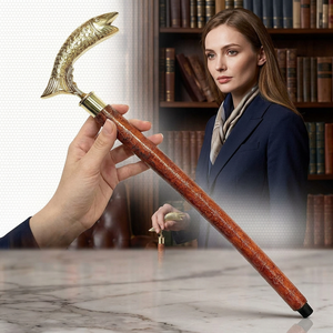 TMI TM22064 Handmade 36'' <b>Foldable</b> Brass <b>Walking</b> Cane Leather <b>Stick</b> Adjustable Wooden Shaft Shiny Brass Fish Handle Rubber Tip - Product Image 5