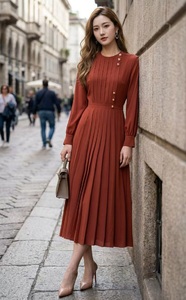 <span class=keywords><strong>Robe</strong></span> de Soirée XXL 2026 Printemps-<span class=keywords><strong>Été</strong></span>, Design Tendance Femme, Boutons Décoratifs, Manches Longues, Longueur Mi-Mollet, Plissée, Couleurs Orange et Noir - Product Image 2
