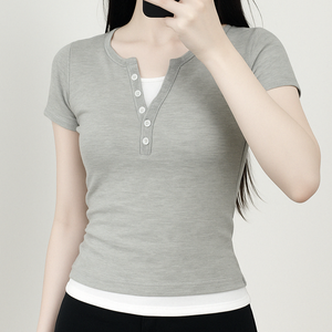 Ventas al por mayor Camiseta roja de algodón ajustada de manga corta con cuello de doble capa Camisa de verano caliente con botones Precios al por mayor - Product Image 4