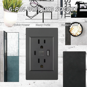 Prise murale américaine <span class=keywords><strong>LE</strong></span> en verre noir 6 broches avec prise de charge rapide USB Type A et Type C 20W, 15A, 2 sorties, IP24, 110-250V - Product Image 2