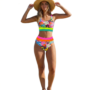 Women <b>Bikini</b> Wear Bra Panties Floral Print Set High Waist Contrast Binding Spandex Polyester Two Piece Swimwear Underwire Deep V - Product Image 1
