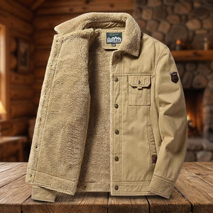<b>Men's</b> Fleece <b>Safari</b> <b>Jacket</b> Stand Collar Waterproof PU Material Zipper Closure Regular Fit Autumn Wear Logo on Sleeve - Product Image 2