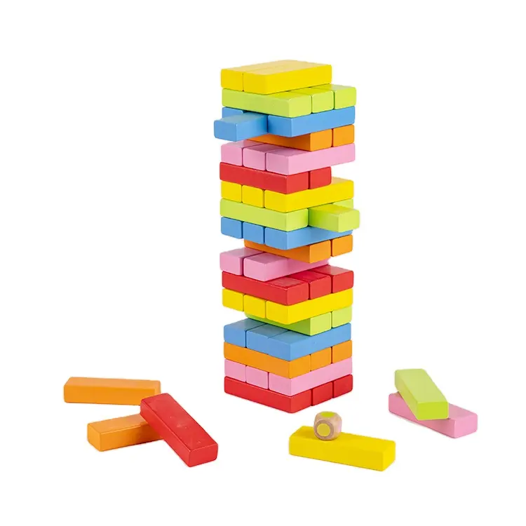 55Pcs Pin Bois Blocs de Construction Domino Jeu Montessori Éducatifs Grand Arc-En-Tour Empiler Jouet En Bois