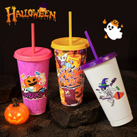 Nueva Llegada, Oferta de Halloween, Regalo para Fiestas, Vasos de Plástico de 24 oz, Vasos Reutilizables que Cambian de Color, con Tapas y Pajitas