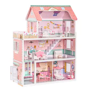 A COZY DREAM HOUSE-Wooden Dollhouse With Furniture Doll House Play Set For Kids For Ages 3 Years For Wholesale