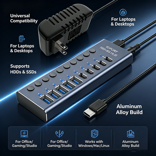 10 Port USB 3.2 Hub 10Gbps SuperSpeed Data Hub with Individual Switches for Computer