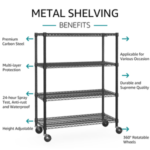 MZG Factory Price Customized Modular Adjustable Matte Black 4-Tier Heavy Duty Metal Wire <b>Storage</b> Rack Shelves <b>Unit</b> with Wheels - Product Image 5
