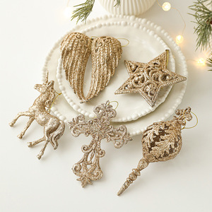 Crucifijo Colgante para Árbol de Navidad, Adornos de Copos de Nieve Navideños con Alas de Ángel y Brillo Champán para Decoración de Árboles de Navidad - Product Image 2