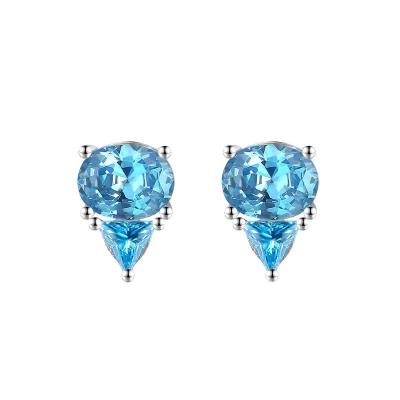 Rinntin Se299 Natural Blue Topaz Cz 925 Sterling Zilveren Stud Oorbellen Blauw Topaz Luxe Driehoek Ovale Geslepen Stenen Oorbellen