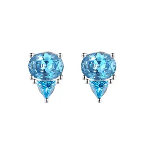 RINNTIN SE299 Natural Blue Topaz CZ 925 Sterling Silver Stud Earrings Blue Topaz Luxury Triangle Oval Cut Stone Earrings