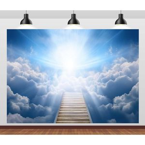 Decorazione murale 7 x5ft tessuto sfondo cielo ha inviato scale a tema <span class=keywords><strong>paradiso</strong></span> dio benedire la luce santa cielo blu nuvole per eventi della chiesa - Product Image 1