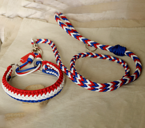 Ensemble laisse et collier pour chien tricolore <span class=keywords><strong>bleu</strong></span> blanc rouge, imperméable, résistant, pour l'entraînement et la promenade - Product Image 1