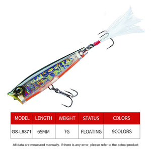 Topwater 65mm 7g <span class=keywords><strong>Rush</strong></span> Popper Señuelos de Pesca de Mar Cebo artificial con anzuelos de plumas Wobbler Señuelo de ojos 3D para atún bajo - Product Image 2