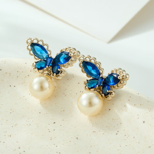 Fashion Butterfly <b>Stud</b> <b>Earrings</b> With <b>Blue</b> Crystals Pearl Drop 925 Silver Post Party Jewelry For Women - Product Image 1