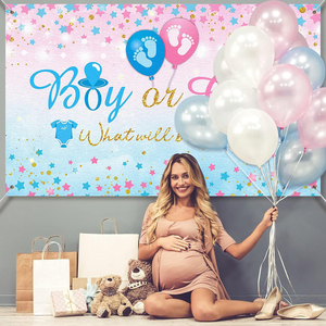 Sfondo per Festa di Rivelazione del Sesso del Bambino, Motivo Piedini, in Vinile Rosa e Blu con Stelline, per Baby Shower e Foto - Product Image 5
