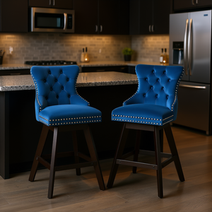 Set di 2 Sgabelli da Bar in Velluto con Gambe in Legno, Girevoli e Imbottiti, Design Moderno Blu - Product Image 2