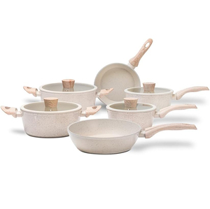 Juego de 6 ollas de cocina con tapas de vidrio y mangos de madera para estufas de gas e inducción, juego de utensilios de cocina antiadherentes de cerámica forjada. - Product Image 1
