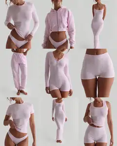 Summer 2024 Custom Women Clothing Lounge Wear Basics Pink Micro Ribbed Crew Neck Leggings 2 Piece Loungewear Women's Sets