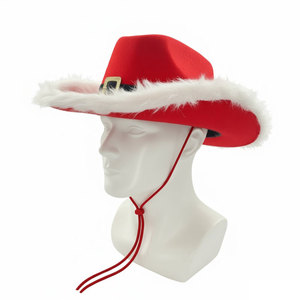 Chapeau de cowboy du Père Noël en feutre rouge avec bordure en fourrure blanche pour costume de fête de Noël - Product Image 2