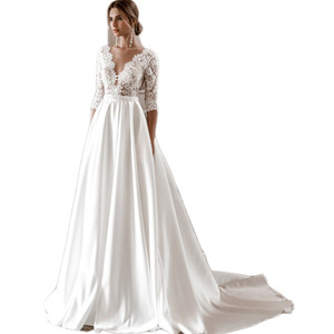 Booma Wedding Dress A-Line <b>Lace</b> Mid Sleeve High Neck Train Pure <b>White</b> Ivory - Product Image 4