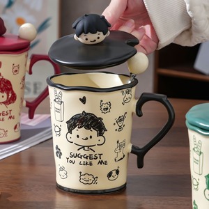 Ensemble de tasses en céramique de dessin animé avec couvercle et cuillère 480 ml résistantes à la chaleur, design couple, pour cadeau - Product Image 3