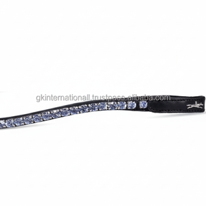 Diadema para Caballo de Cuero Negro con Forma Curva Profunda, Cadena de Diamantes con Cristales Azules en una Sola Fila y Cierre de Botón a Presión - Product Image 1