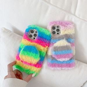 Custodia per telefono in peluche <span class=keywords><strong>arcobaleno</strong></span> con specchio rimovibile, copertura soffice per <span class=keywords><strong>iPhone</strong></span> 4 5 6 7 8 11 12 13 Mini Pro Max - Pronta Consegna - Product Image 2