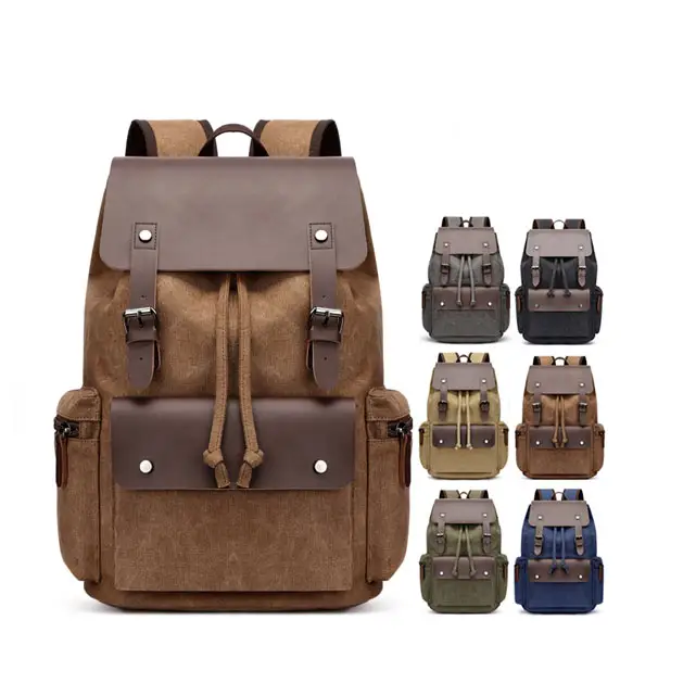 Customized logo travel rucksack 15.6 inch laptop vegan leather vintage canvas hiking backpack for men women