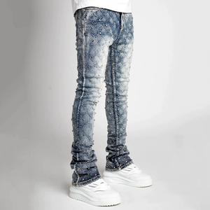Jeans en denim stretch slim fit pour hommes avec clous en diamant, mode streetwear pour hommes - Product Image 5