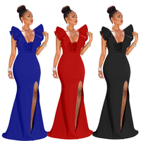 Nueva llegada elegante vestido de noche al por mayor volantes cuello en V sin mangas hendidura vestidos largos elegantes con flores