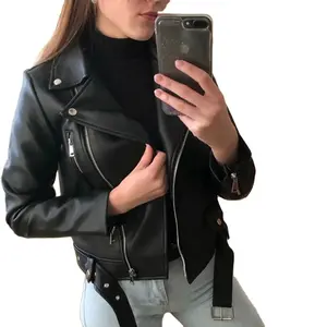 Europe and the United States new high-waisted motorcycle leather women handsome Europe and the United States short slim small le