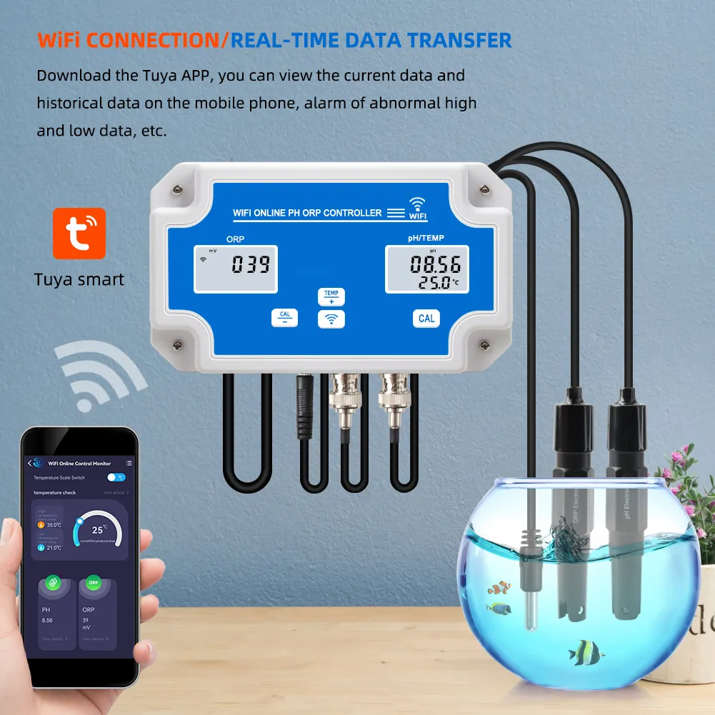 Tuya Wifi Online Orp En Ph Tester 0-14ph Multi-Parameter Water Monitor Met Data Logger Functie Voor Viskwekerij, Hydrocultuur