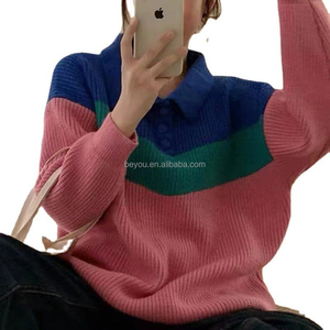 Otoño e Invierno nuevas mujeres contraste Polo cuello contraste punto moda <span class=keywords><strong>hermanas</strong></span> Casual suéter Suelto - Product Image 6