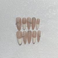 Faux ongles élégants et artistiques, couleur nude, avec ruban français, pré-conçus, portables, faits main, haut de gamme, prêts à poser, motif dessin animé