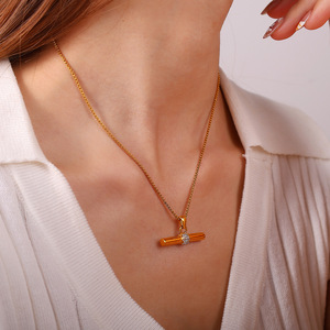 Minimalist <b>T</b> Shape <b>Bar</b> Charm <b>Necklace</b> Shiny Zircon Decor Anti Tarnish Polished Stainless Steel Ladies Daily Accessories - Product Image 1